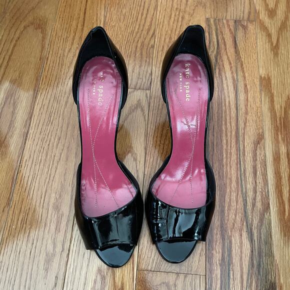 Kate Spade Open Toe D'orsay Heels Womens 9.5 Black Patent Leather Dressy Pumps - Picture 1 of 7